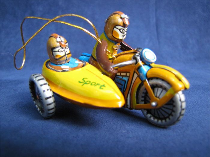 Vintage Tin Litho Motorcycle Sidecar Ornament German ZZ  