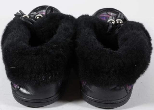 Coach Fiona Purple Plaid Satin Canvas Black Shearling Moccasin 