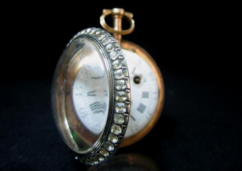 1750s SWISS GOLD POCKET WATCH w/STONES & ENAMEL.  