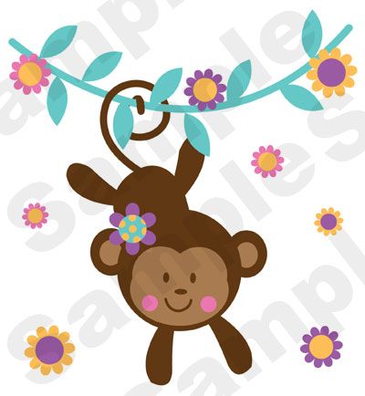 JUNGLE GIRL MONKEY SAFARI BABY NURSERY FLORAL PINK WALL MURAL STICKERS 