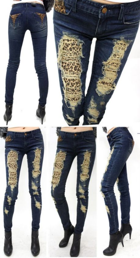 LEOPARD BLUE ripped skinny jeans 25 26 27 28 29 30  