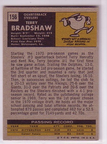 XWT 1971 TOPPS TERRY BRADSHAW #156 RC ROOKIE VG/EX STEELERS HBV $200 