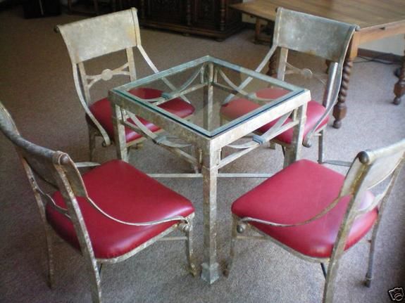 Wrought Iron & Brass Glass Table & Upholstered Chairs  