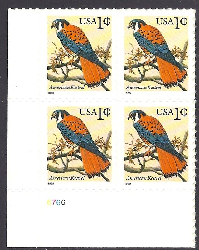 3031 Plate block 1cent American Kestrel Avian Raptor  