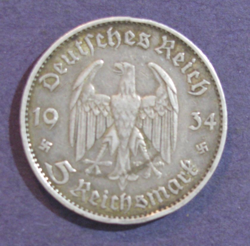 1934 Germany Third Reich 5 Reichsmark; XF; 0.4016 ASW  