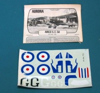 AURORA 148th Scale WW1 British Airco S.E. 5A Plastic Model Kit # 755 