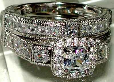 ANTIQUED LADIES CZ WEDDING ENGAGEMENT 2 RING SET Sz 8  