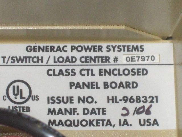 GENERAC POWER SYSTEMS 0E7970 GTS LOAD CENTER PANEL  