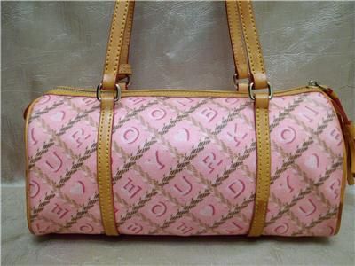 DOONEY & BOURKE PINK CROSSWORD & TAN LEATHER BARREL SHOULDERBAG  