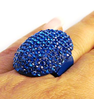 Oval Shape Pave Set Blue Rhinestone Stretch Ring, Ceramic Coating