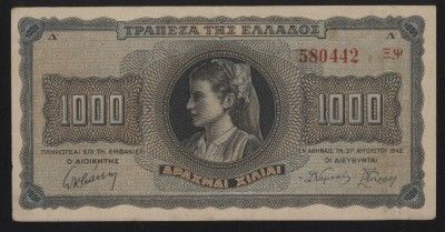 GREECE 1000 1,000 DRACHMA BANKNOTE NOTE 1942 XF  