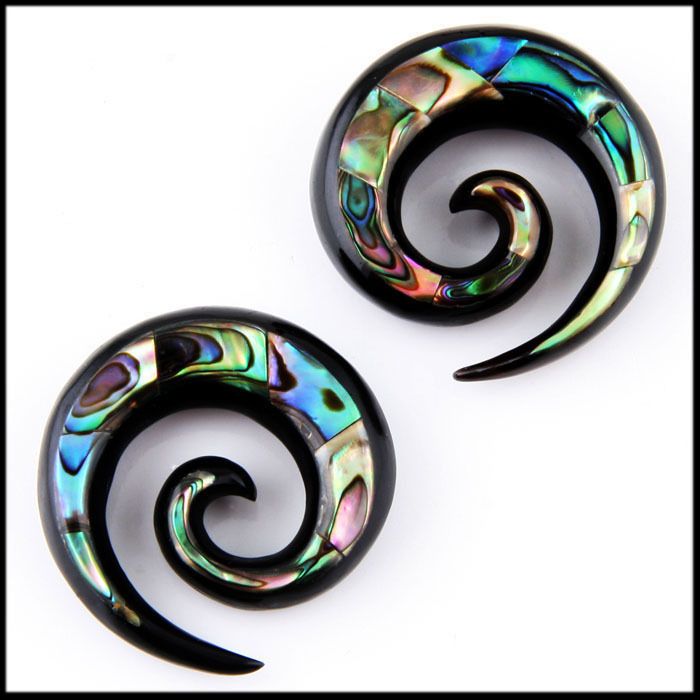 Pair Organic Horn With Abalone Shell Inlay EAR PLUGS Gauges Ear Taper 
