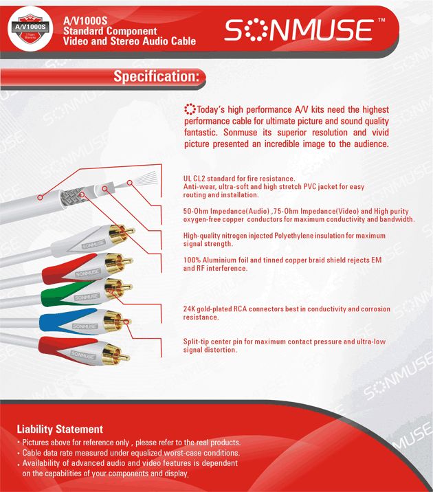 NEW 5 RCA Composite A/V Cord Cable for HDTV, DVD, 6ft  