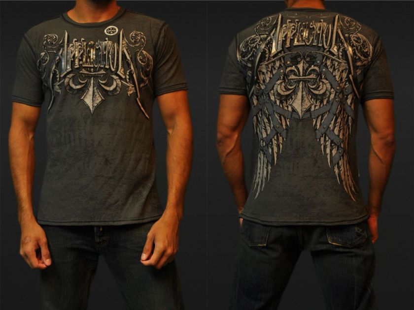 Affliction T Shirt Column Reversible LA Tee Gray Fleur Cross Silver 