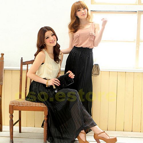   Crewneck Two Tones Chiffon High Waistline Causal Maxi Long Dress D085