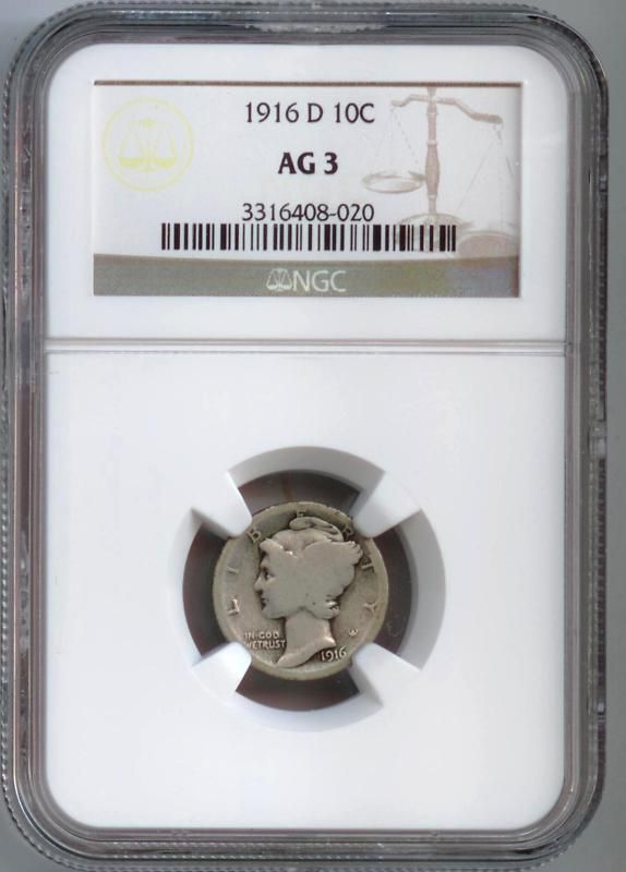 Rare Key Date 1916 D Mercury Head Dime Graded NGC AG3  