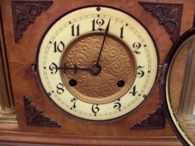 ANTIQUE MANTEL SHELF CLOCK BROWN & GOLD ORNATE DESIGN RARE FIND 