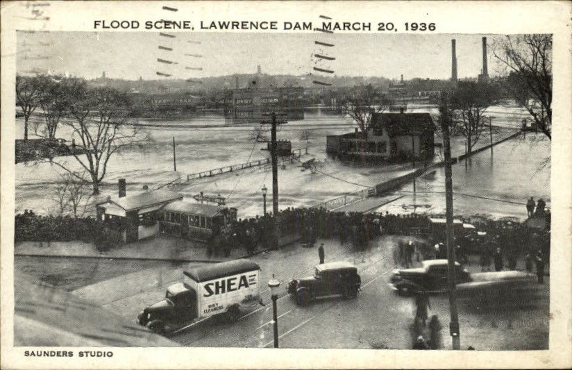 LAWRENCE MA Flood Scene Old Trucks 1936 PC  