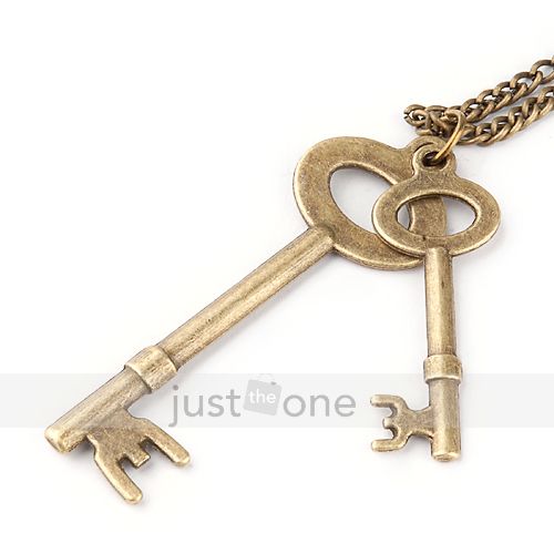 Retro Fashion Style Unique Two Keys Pendant Alloy Sweater Necklace 