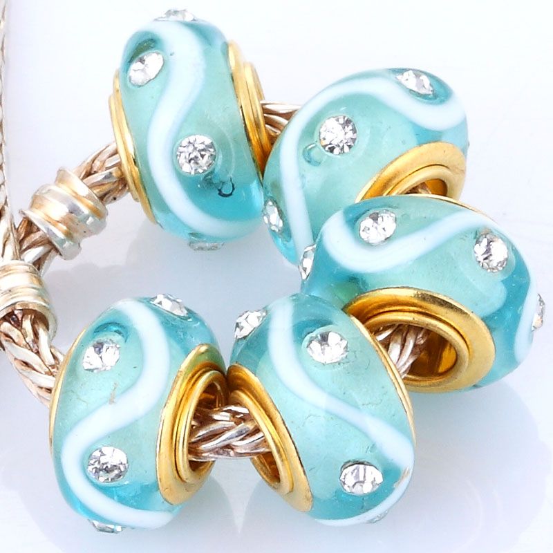 Gold Plated Aqua Glass Bead W/ CZ Fit Bracelet V41  