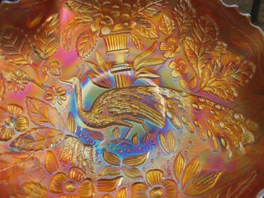   PEACOCK URN MARIGOLD Carnival Glass Bowl UNSIGNED IRIDESCENT ART