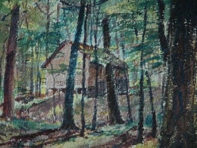 Vintage Cabin Woods Watercolor Appalachian E. Hoadley  