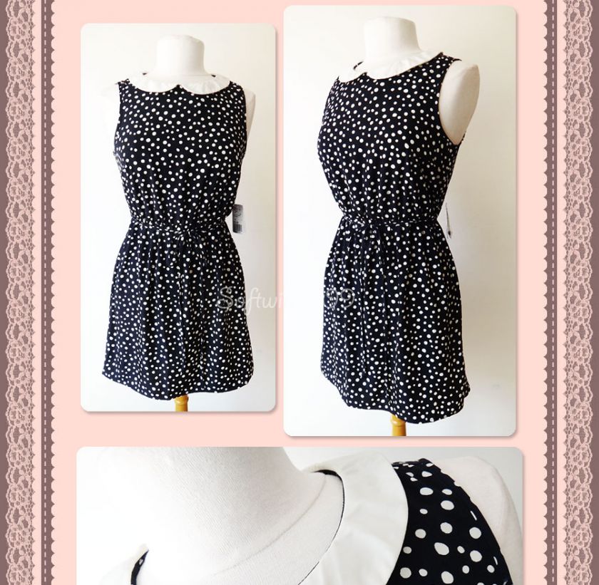   Navy Blue/Cream Polka Dot Contrast Peter Pan Collar CUTE Dress  