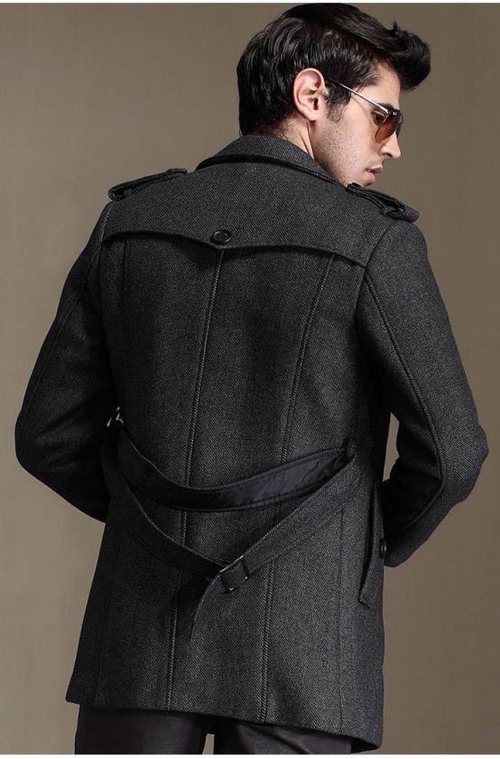 New Men Wool Coat Trench coat outerwear jacket overcoat Black Gray L 