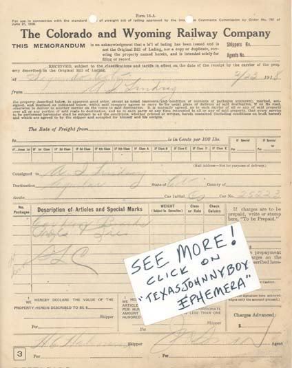 1918 COLORADO WYOMING RAILWAY BILL OF LADING MEMORANDUM  