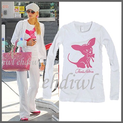 Hollywood Style Chihuahua Print Long Sleeve T Shirt White Size S M 