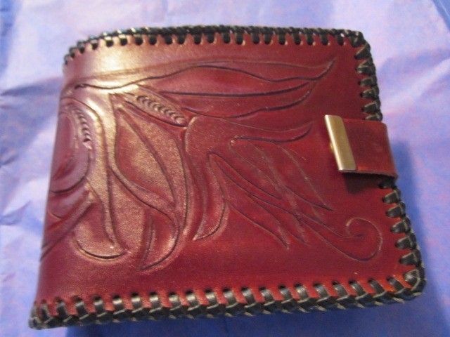 LARGE TOOLED LEATHER UNISEX WALLET PHOTO COIN VINTAGE FLORAL  