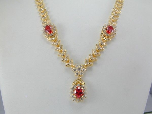   Spessartite Garnet CZ 22K 24K Gold GP Baht Thai Necklace  