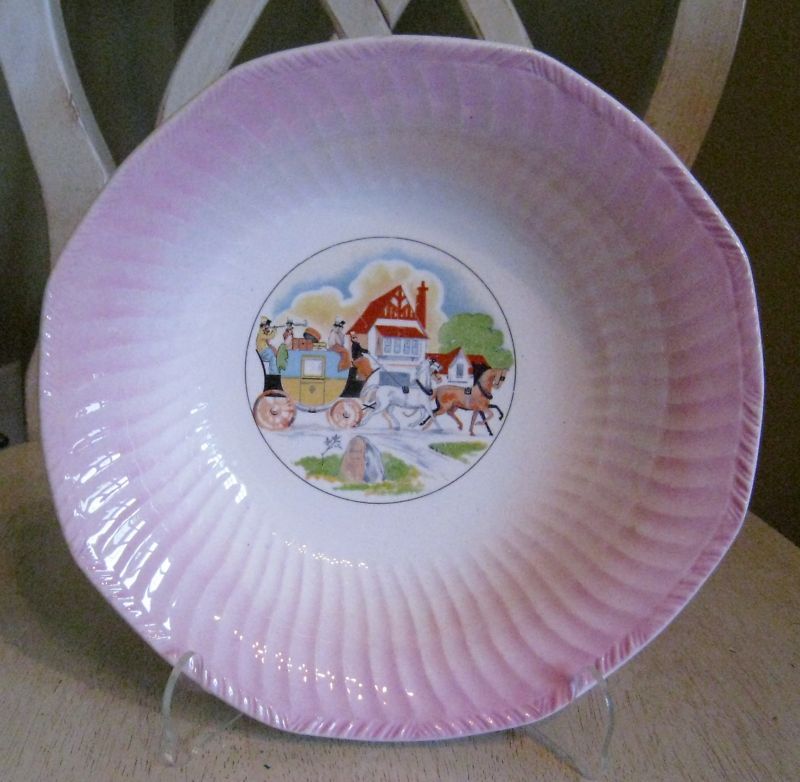 Vintage Thompson Coach/Buggy Scene Pink Serving Bowl  