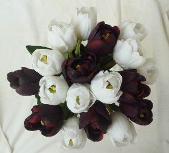 WEDDING BOUQUET,HAND TIED BURGUNDY & IVORY TULIPS  