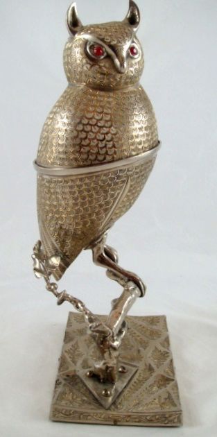   Mid Century Thorens Silver Plated Brass Swiss Owl Music Box Container