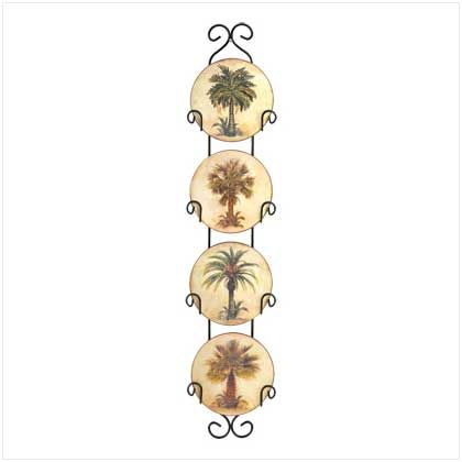 PALM TREE PLATES w/ WROUGHT IRON DISPLAY WALL RACK  