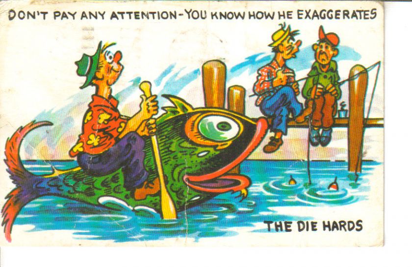 Fishing Big Fish comic art vintage funny postcard on PopScreen