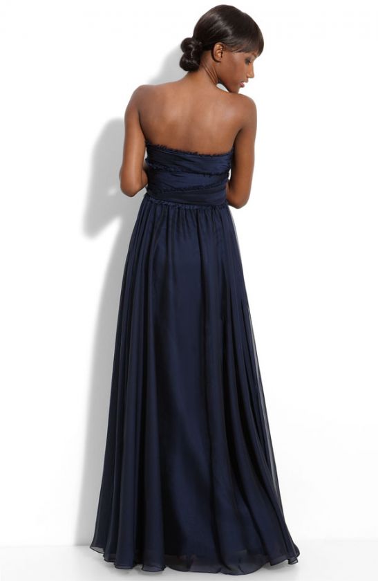 New Navy Blue ML Monique Lhuiller Strapless Fringe Trim Chiffon Gown 