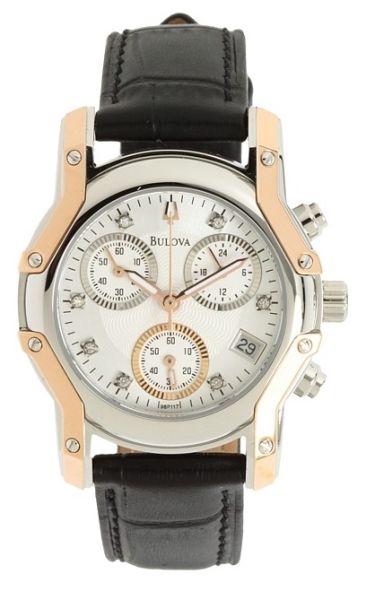 Bulova Womens Chronograph 7 Diamonds Silver White Dial Black Strap 