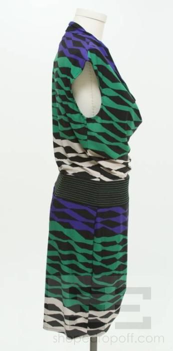 BCBG Max Azria Green, Royal Blue & Black Print Pleated Cap Sleeve 