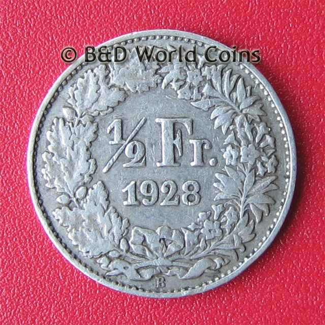 SWITZERLAND 1928 B 1/2 FRANC SILVER 18mm BETTER DATE  