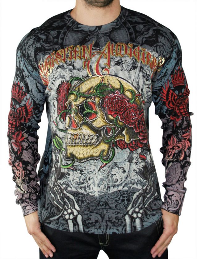 CHRISTIAN AUDIGIER Ed Hardy Mens Skull Rose Platinum Long Sleeve 