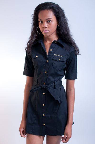 NEW WOMENS ROCAWEAR BLACK ROC STAR BUTTON UP BELTED DRESS SIZE SMALL 