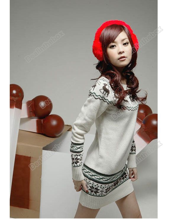   ew Soft Women knit Sweater dresses Pullover Jumper Top Snowflake Deer