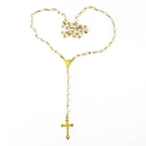 Catholic Rosary Rosario Jesus Cross Gold Glass Round Bead Necklace 