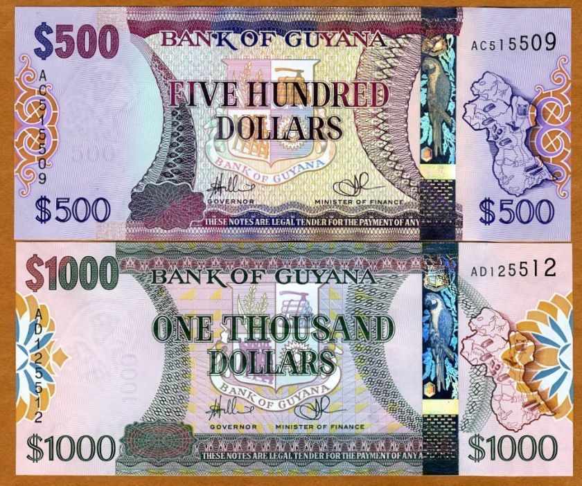 SET, Guyana, 500 + 1000 dollars, (2011) P New, UNC  