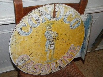 Old Conoco Gas Oil Tin Flange Sign w/ Minuteman ORIG  