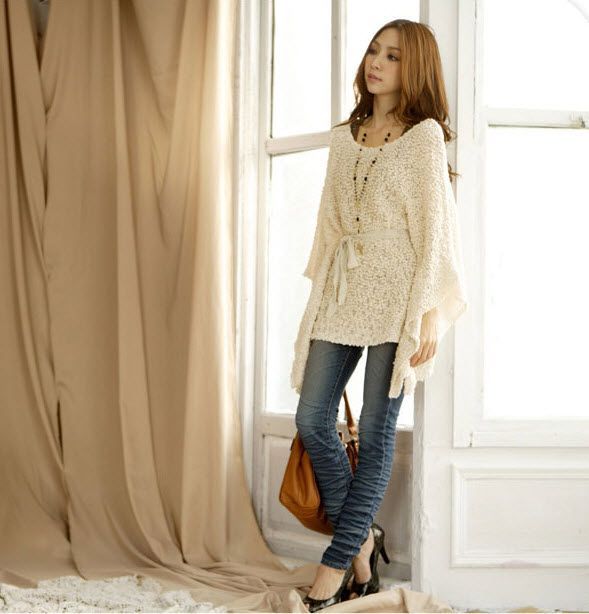 FREE SHIP M/L NEW Women Lady Cream Long Plush Wool Caftan Poncho 