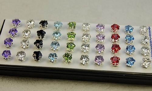 Wholesale 40PCS mixed colors 6mm Flower Rhinestone silver ear stud 