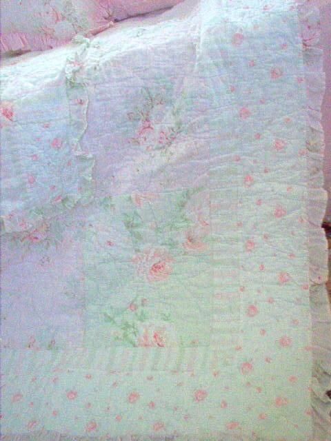 Rachel Ashwell Shabby Pink Ruffle Rose Chic Twin Bed Quilt & Pillow 